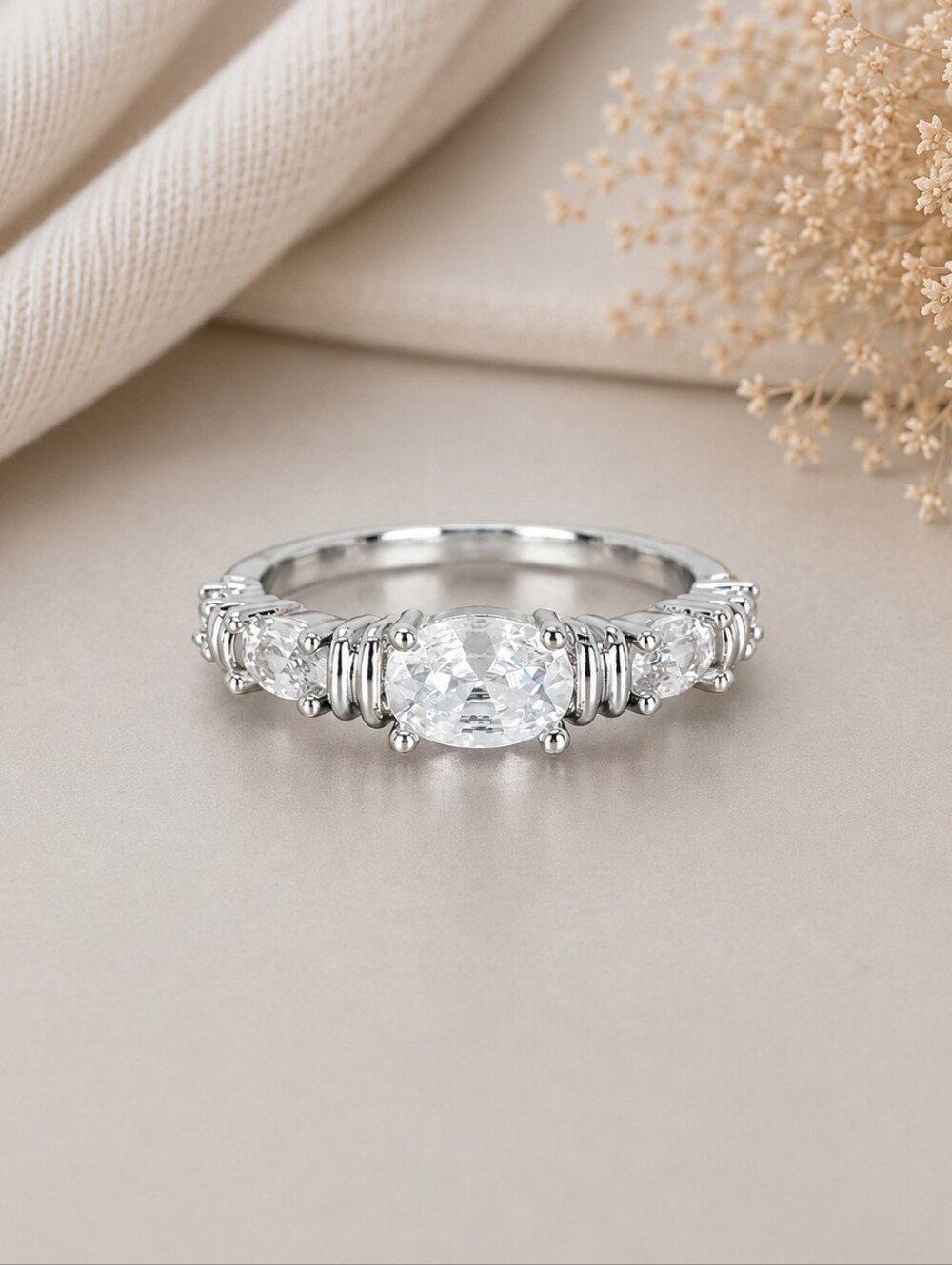 Silver Oval Three Stone Ring